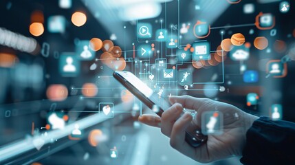 Poster - Professional setting with a smartphone displaying social media icons and data analytics