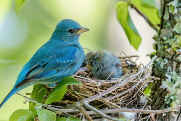 Wall Mural - Indigo Bunting female at nest feeding young