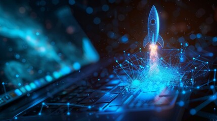 Leinwandbilder - The illustration shows an abstract rocket launch from a laptop. It has a low poly style design with a blue geometric background and wireframe light connections. Modern 3D graphic concept.