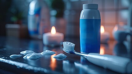 Poster - Toothbrush, Toothpaste, and Candles on a Bathroom Countertop