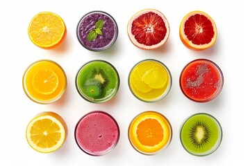 Poster - Fresh fruit smoothies are seen in a top view on a white background.