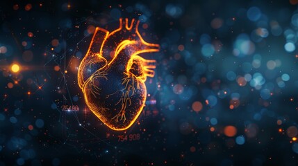 Poster - An abstract blue and red human heart. The medical concept of cardiology is complemented with a geometric background. The wireframe structure of light connections is a modern 3D graphic concept.