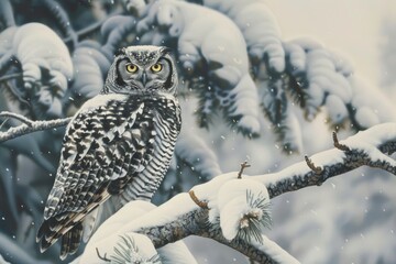 Wall Mural - Northern Hawk Owl on pine in winter