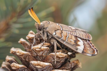 Wall Mural - Pine Hawkmoth (Hyloicus pinestri) resting on pine cone