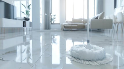 Closeup of white mop on floor in modern white apartment. Concept Home Cleaning, White Interior Design, Modern Living, Floor Maintenance, Household Chores 