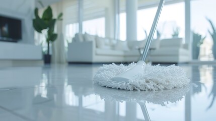 Wall Mural - Closeup of white mop on floor in modern white apartment. Concept Home Cleaning, White Interior Design, Modern Living, Floor Maintenance, Household Chores 