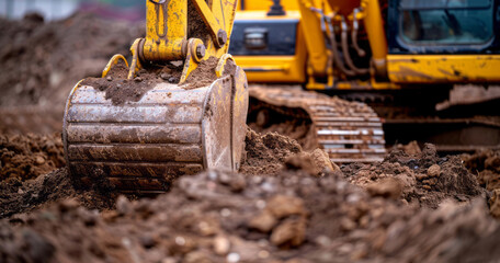 A yellow excavator digging into dirt, with an abstract photography style, brown color, and a close-up view.