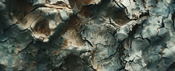 A close-up view of tree bark, with hyperrealistic compositions in dark beige and gray colors.