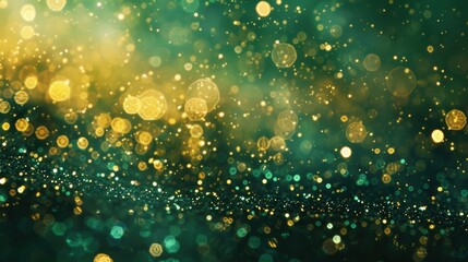 Wall Mural - A shimmering abstract background of gold and green bokeh lights, creating a magical and festive atmosphere.