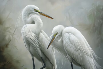 Wall Mural - Two Great egrets in breeding pummage