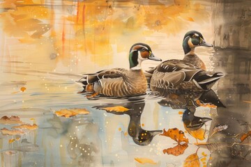 Wall Mural - Wood Duck female swimming, male, pond, woodland