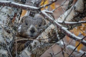 Wall Mural - Woodchuck adult peeking around branch