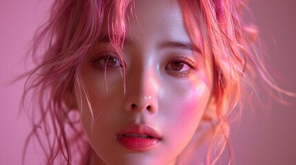 Canvas Print - Close Up Portrait of Young Woman With Pink Hair and Makeup