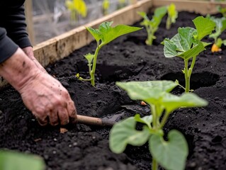 Planting Eggplant Seedlings in Raised Beds: A Gardener's Hands at Work