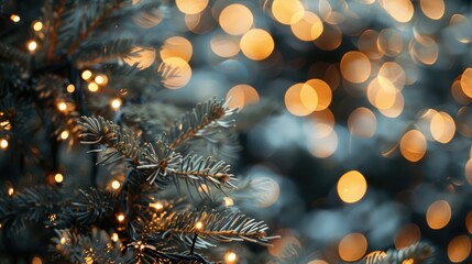 Wall Mural - Garland-lit Christmas tree on blurry background