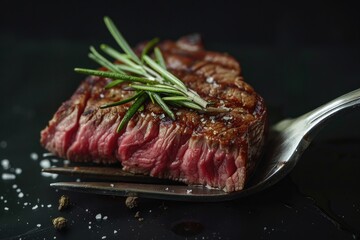 Fork Black. Medium Rare Sirloin Beef Steak with Rosemary Garnish on Black Background