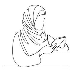 Wall Mural - continuous single drawn one line muslim girl woman working in tablet hand-drawn picture silhouette. Line art. doodle