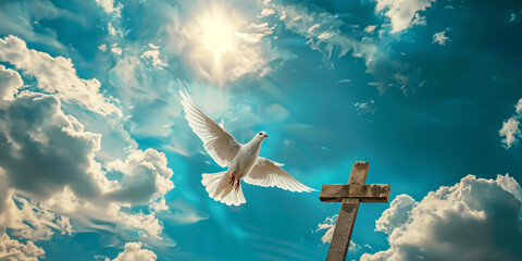 Holy spirit symbol, white dove flying over wooden cross with blue sky background