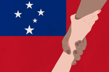 Wall Mural - Helping hand against the Samoa flag. The concept of support. Two hands taking each other. A helping hand for those injured in the fighting, lend a hand