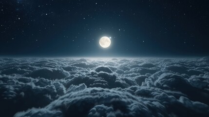 Wall Mural - 3d rendering of full moon shining above the clouds at night sky background.