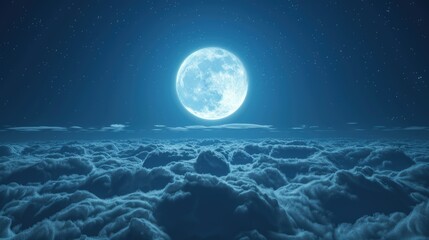 Poster - 3d rendering of full moon shining above the clouds at night sky background.