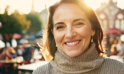 Wall Mural - Close-up portrait video of a grinning woman in her 40s that is wearing a chic cardigan against a parisian or european cafe background