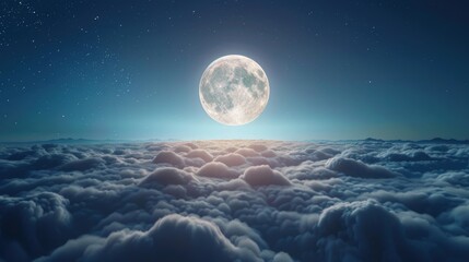 Wall Mural - 3d rendering of full moon shining above the clouds at night sky background.