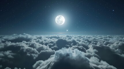 Wall Mural - 3d rendering of full moon shining above the clouds at night sky background.