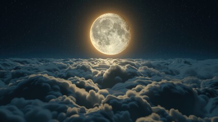 Wall Mural - 3d rendering of full moon shining above the clouds at night sky background.