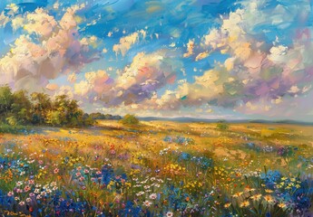 Sticker - Beautiful colorful sky with clouds over the field of wildflowers.