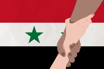 Wall Mural - Helping hand against the Syria flag. The concept of support. Two hands taking each other. A helping hand for those injured in the fighting, lend a hand