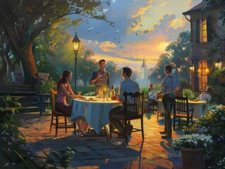 Wall Mural - Twilight Tales: Friends Gather for Dinner Under the Stars