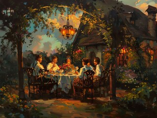 Wall Mural - Glowing Conversations: Friends Enjoying Dinner in a Stunning Outdoor Setting