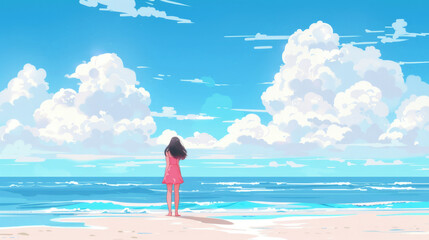 Wall Mural - The girl in the pink dress stands on an endless beach, with blue sky and white clouds.