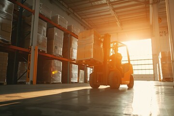 Forklift lifting a pallet of boxes in a sunlit warehouse