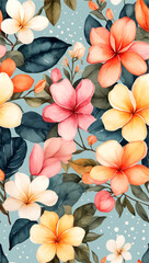 Wall Mural - Beach cheerful seamless pattern wallpaper of tropical dark green leaves of palm trees and flowers bird of paradise (strelitzia) plumeria on a watercolor background