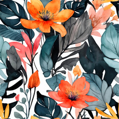 Wall Mural - Beach cheerful seamless pattern wallpaper of tropical dark green leaves of palm trees and flowers bird of paradise (strelitzia) plumeria on a watercolor background