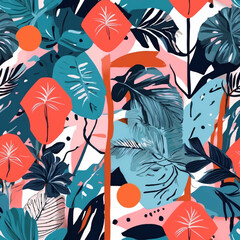 Wall Mural - Beach cheerful seamless pattern wallpaper of tropical dark green leaves of palm trees and flowers bird of paradise (strelitzia) plumeria on a watercolor background