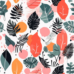 Wall Mural - Beach cheerful seamless pattern wallpaper of tropical dark green leaves of palm trees and flowers bird of paradise (strelitzia) plumeria on a watercolor background