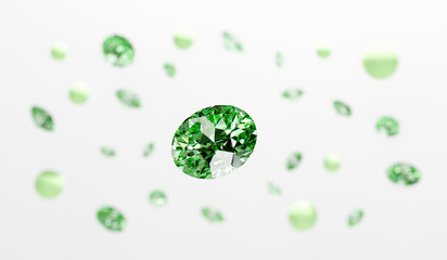 Poster - Green Emerald Gem Diamond group falling background soft focus 3d rendering	
