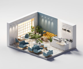 Poster - Isometric view minimal cafe store open inside interior architecture, 3d rendering digital art.	
