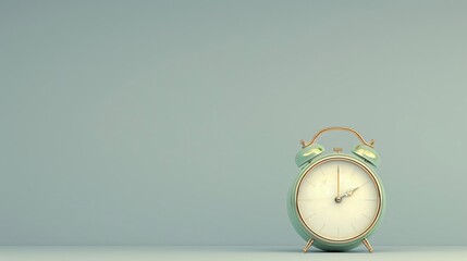 Wall Mural - Vintage green alarm clock with gold accents is standing on a table against a teal wall, with the minute hand nearing the 12