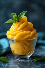 Canvas Print - 16. Mango sorbet in a glass cup with a mint leaf,