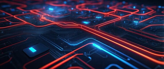 Wall Mural - A vibrant, neon-lit digital circuit design symbolizes innovation and technology, perfect for tech-related concepts and modern design.