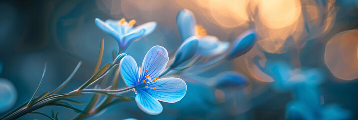 Wall Mural - Blue Flower Blossom with Warm Light Bokeh