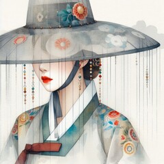 Wall Mural - Elegant Woman in Traditional Hanbok with Ornate Hat with Generative AI.