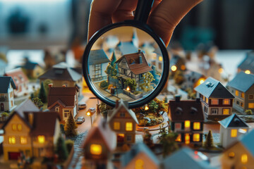 Real estate concept. Close up of human hand holding magnifying glass over miniature houses.