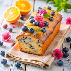 Poster - Delicious homemade orange ,blueberry and poppy seeds loaf cake