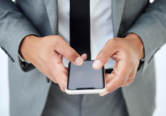 Aufkleber - Phone screen, hands and business person in office for texting, notification or online. Mockup space, corporate and financial broker for check stock market, information or monitoring investment on app