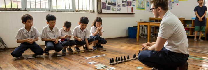 Aufkleber - The teacher focuses on creating a dynamic learning environment through interactive activities to encourage collaboration, teamwork, handson learning, and educational progress in a nurturing setting